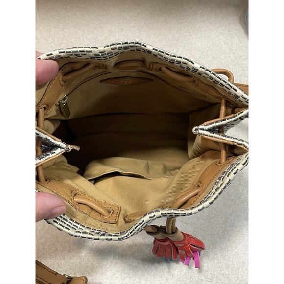 Fossil Claire Small Drawstring Bag Beige/Brown Woven W/Leather Trim Tassel 9x9 - Picture 8 of 14